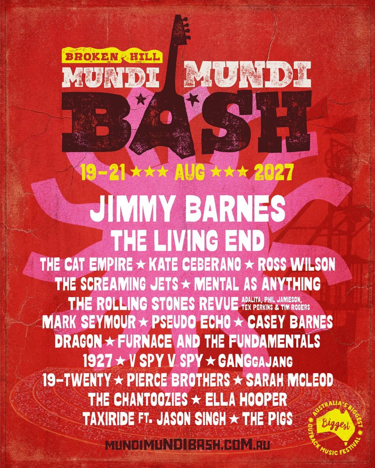 Broken Hill Mundi Mundi Bash 2027 poster on red background listing headliners Jimmy Barnes and The Living End with August dates.